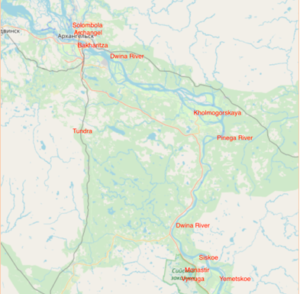 Map shows the Journey from Yemetskoe in the south To Solombola Island in the north © OpenStreetMap contributors