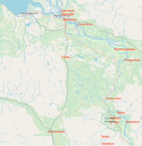 Modern map showing the route of the Railway from Archangel to Obozerskaya. The line branching left to the North West towards Onega didn't exist at the time. © OpenStreetMap contributors